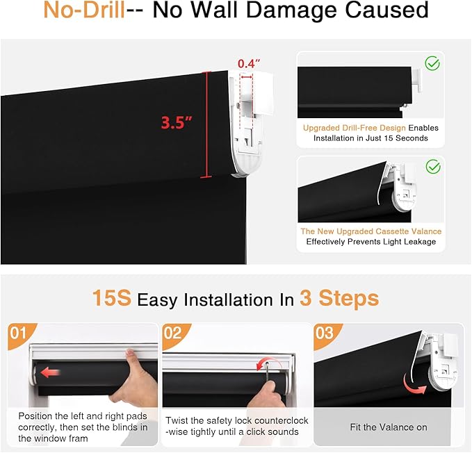 AOSKY No Drill Cordless Blackout Roller Shades with Valance,Customize Blinds for Indoor Windows,Room Darkening Window Shades Pull Down with Free-Stop Spring System, UV Protection for Home Black