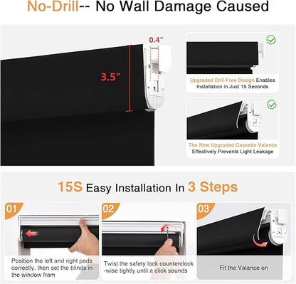 AOSKY No Drill Customize Blackout Roller Shades with Valance,Cordless Blinds for Indoor Windows,Room Darkening Window Shades Pull Down with Free-Stop Spring System,UV Protection for Home