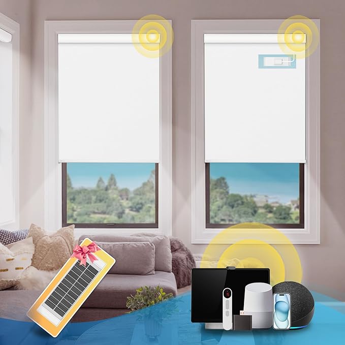 DENFOON Motorized Blinds with Remote,Thermal ElectricBlinds【Solar Panel】,Customizable Automatic RollerShades, Blackout Remote Control Blinds for WindowsUpgrade to Smart Blinds, White, 52''W×72''H