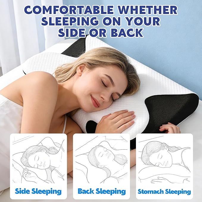 Cervical Neck Pillow for Sleeping Ergonomic Sleep Apnea Pillow with Memory Foam Neck Support Pillow for Back Side Stomach Sleepers with Pillowcase (Black)