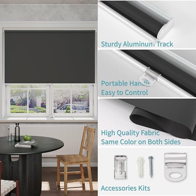 MYshade Blackout Cordless Roller Shades, Room Darkening Free-Stop Roll Up Blinds for Windows, Pull Down Blocking Blind for Home and Office, Easy to Install, 27.5" W X 72" H, Black