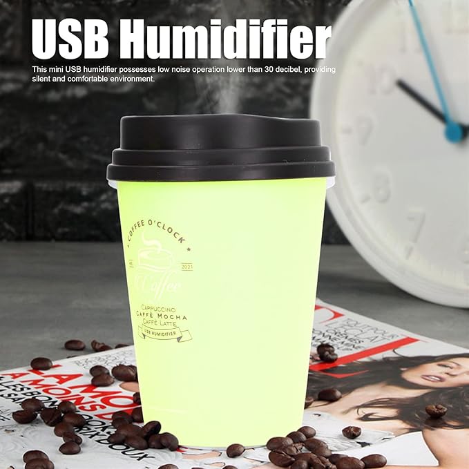 Portable Mini Humidifier, 300ml Car Humidifier Coffee Cup Low Noise Auto Off Lightweight Space Saving Travel Small USB Desk Humidifier for Car Bedroom and Office (Green)