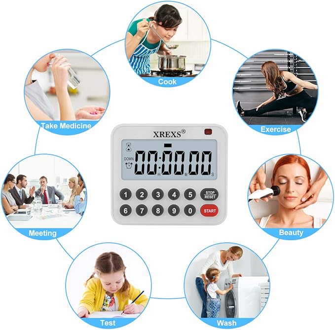 XREXS Digital Kitchen Timer Magnetic Countdown Up Cooking Loud Alarm and Mute Optional, Magnet and Stand, Large Display Classroom Timer for Teachers (2 Batteries Included) Upgraded Version