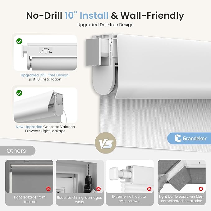 Grandekor No-Drill No Tools Motorized Blinds with Remote | 30x72 White Electric Blackout Smart Roller Shade/APP/Voice Control-for Home Office, Living Room