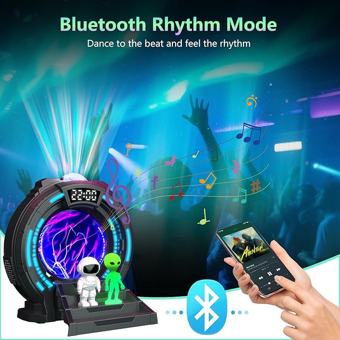 Galaxy Projector with Plasma Ball, 8 Aurora Lights, White Noise Machine, Bluetooth Speaker, Timer Alarm Clock, Remote Controlled Night Light for Bedroom, Kids/Adults, Party, Christmas Gifts