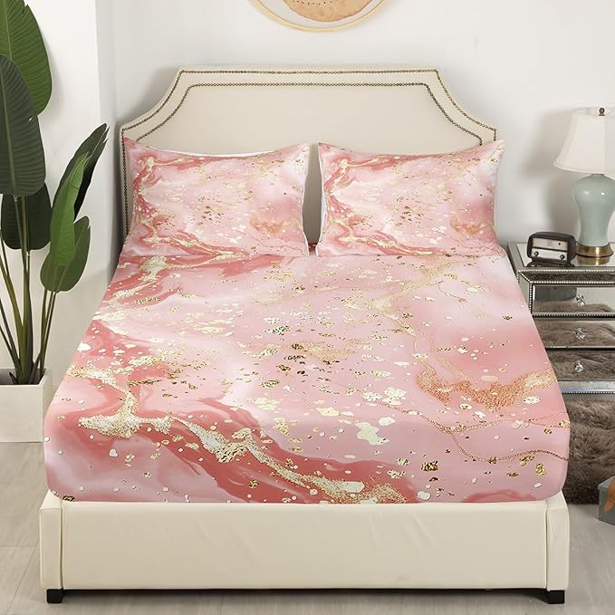 Manfei Pink Marble Kids Sheet Set Full Size, Abstract Stone Texture Bed Sheet Set 4pcs (Fitted Sheet, Flat Sheet, 2 Pillowcases), Gold Glitter Marbling Bedding Set for Boys Girls Bedroom Decor