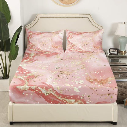 Manfei Pink Marble Kids Sheet Set Twin Size, Abstract Stone Texture Bed Sheet Set 3pcs (Fitted Sheet, Flat Sheet, 1 Pillowcase), Gold Glitter Marbling Bedding Set for Boys Girls Bedroom Decor