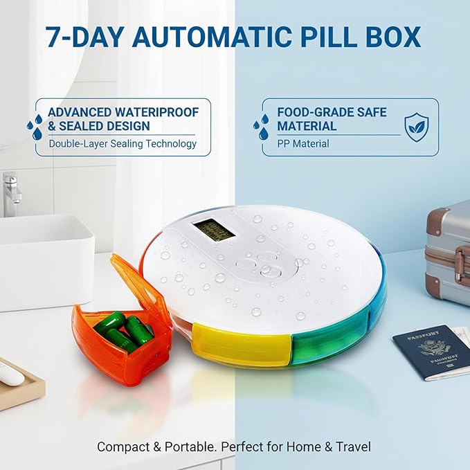 Automatic Pill Dispenser, 7 Day Pill Organizer with Large Digital Display & Alarm, Portable Travel Medicine Box for Vitamins & Medications Colorful