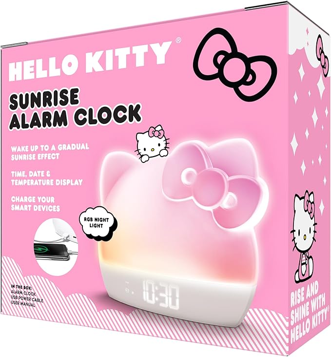 Hello Kitty Sunrise Alarm Clock with Color-Changing RGB LED Night Light – Ambient Lighting, Time/Date/Temperature Display, USB Powered w/Device Charging, White