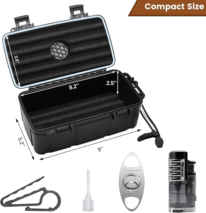 Flauno Travel Humidor - Portable Case Kit with Lighter (Without Gas), Cutter, Holder, Humidifier & Dropper, Waterproof, Crushproof, Airtight Seal (Holds up to 15 Cigars)
