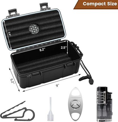 Flauno Travel Humidor - Portable Case Kit with Lighter (Without Gas), Cutter, Holder, Humidifier & Dropper, Waterproof, Crushproof, Airtight Seal (Holds up to 15 Cigars)