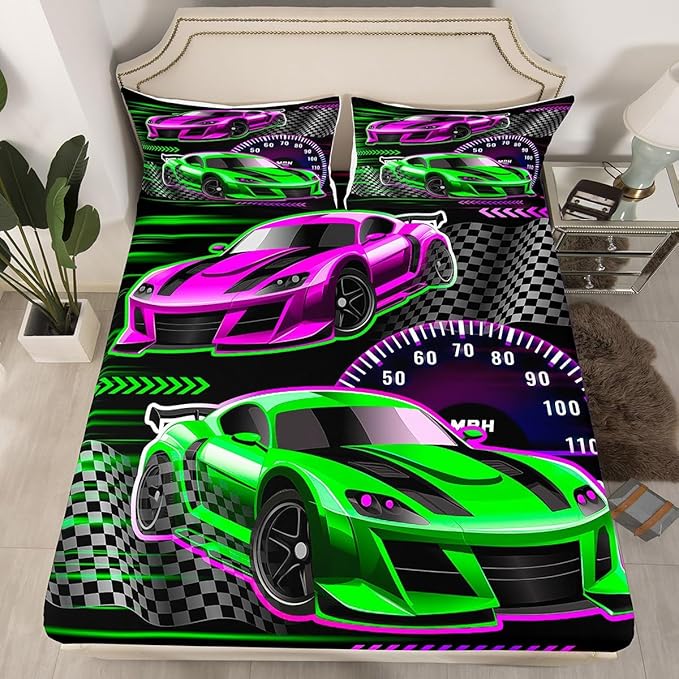 Cool Colorful Sports Car Full Size Fitted Sheet,Competition Themed 3 Pieces Kids Teenager Room Decor Extreme Sports Pocket 2 Pillowcases