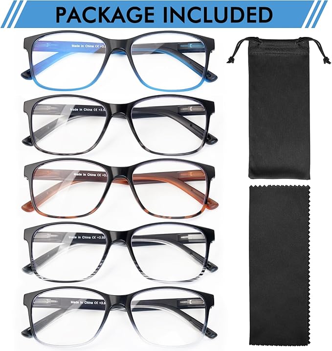 5 Pack Blue Light Blocking Reading Glasses for Men with Spring Hinge Fashion Large Wide Computer Readers for Men