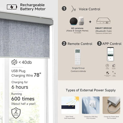 Motorized Light Filtering Roller Shades with Remote Control, Electric Smart Shades Compatible with Alexa and Google, Rechargeable, Customizable Size(Textured Bluish Gray)
