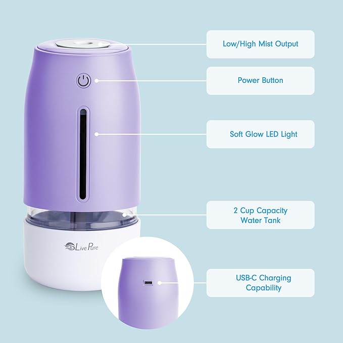 LivePure Cool Mist Humidifiers for Bedroom. Small Humidifier for Babies, Nursery, Plants, Office. Ultrasonic Cool Mist Humidifier w/Quiet Operation, USB-C Rechargeable. Lavender