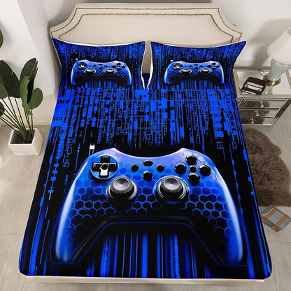 Manfei Gamer Gamepad Kids Sheet Queen Size,Video Gaming Gamepad Controller Bedding Set,Boys Girls Room Decor,Neon Lights Geometric Fashion Dark Blue Bed Sheet Set 4pcs(Fitted + Flat + 2 Pillowcases)