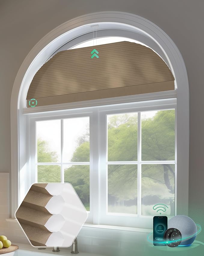 Yoolax Smart Cellular Shades, Motorized Arch Window Honeycomb Blinds Motorized Blinds with Remote Compatible with Alexa, Customized Arched Cellular Shades (Half Shading Brown)