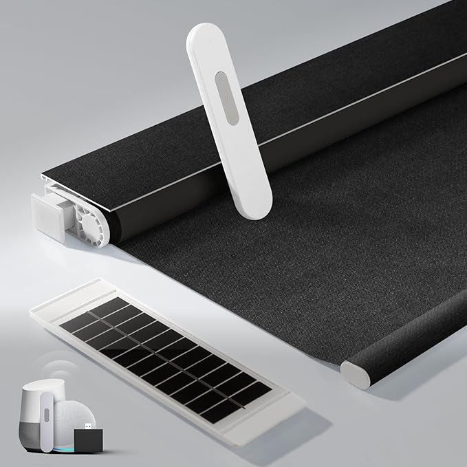No Drill Motorized Blinds with Remote, Blackout Automatic Blinds with Solar Panel, Cordless Smart Electric Roller Shades for Windows, Black, 35 x 72