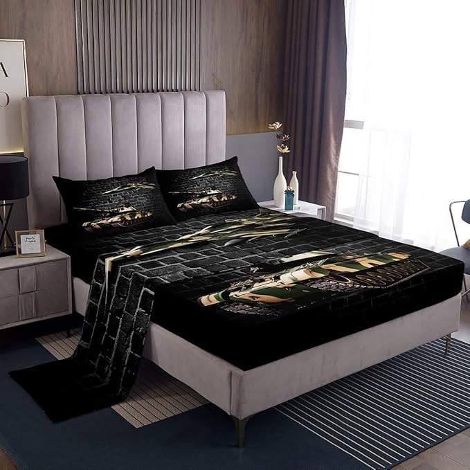 Manfei Tank Sheet Set Queen Size, Army Camo Tank Aircraft Bedding Set for Kids Boys Teen Room Decor, Grey Brick Wall Print Bed Sheet Set 4pcs with Deep Pocket Fitted Sheet + Flat Sheet + 2 Pillowcases