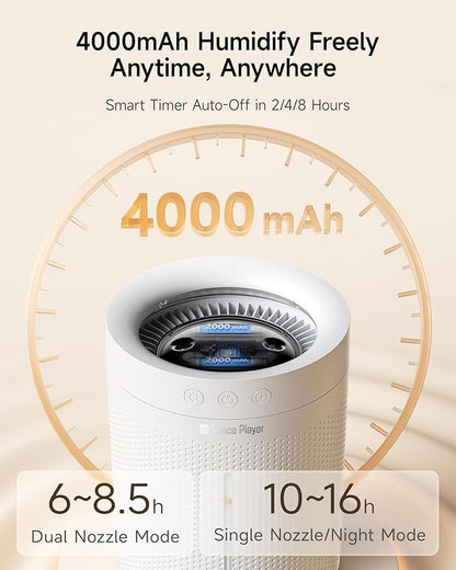 SP SpacePlayer Wireless Humidifier for Bedroom Large Room, 3L Top Fill Cool Mist Ultrasonic, 4000mAh Rechargeable (Cordless), 4 Modes, 23-28dB Quiet, 8H Timer Auto-Off, BPA-Free, Easy Fill Clean