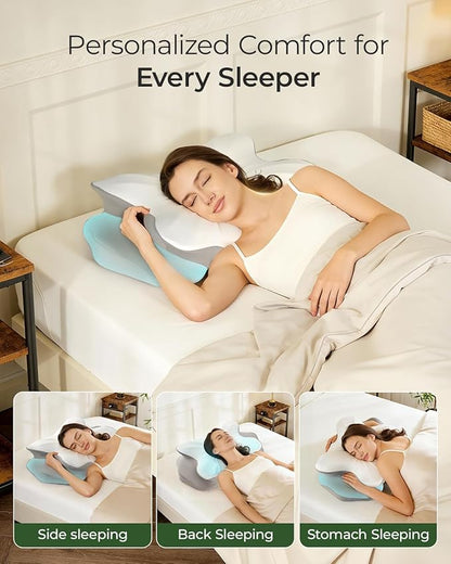 Cervical Neck Pillow for Neck Pain Relief, Ergonomic Contour Memory Foam Pillow with Cooling Pillowcase, Orthopedic Support Pillows for Side Back Stomach Sleepers, Gray