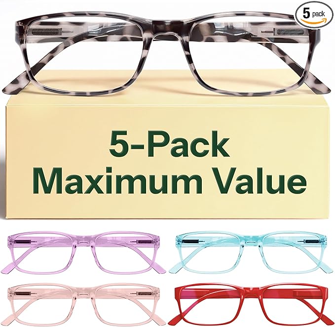 Gaoye Reading Glasses Blue Light Blocking, Spring Hinge Readers for Women Anti Glare Filter Lightweight Eyeglasses (5-Pack Mix Color 2, 2.0)