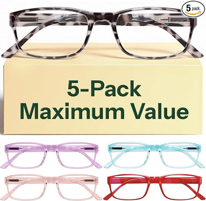 Gaoye Reading Glasses Blue Light Blocking, Spring Hinge Readers for Women Anti Glare Filter Lightweight Eyeglasses (5-Pack Mix Color 2, 1.25)