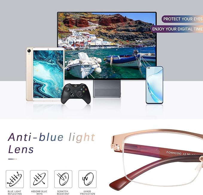 FONHCOO Reading Glasses for Women Men, Blue Light Blocking Reading Glasses Metal Half Frame Computer Readers Anti UV/Glare