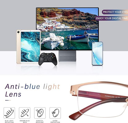 FONHCOO Reading Glasses for Women Men, Blue Light Blocking Reading Glasses Metal Half Frame Computer Readers Anti UV/Glare