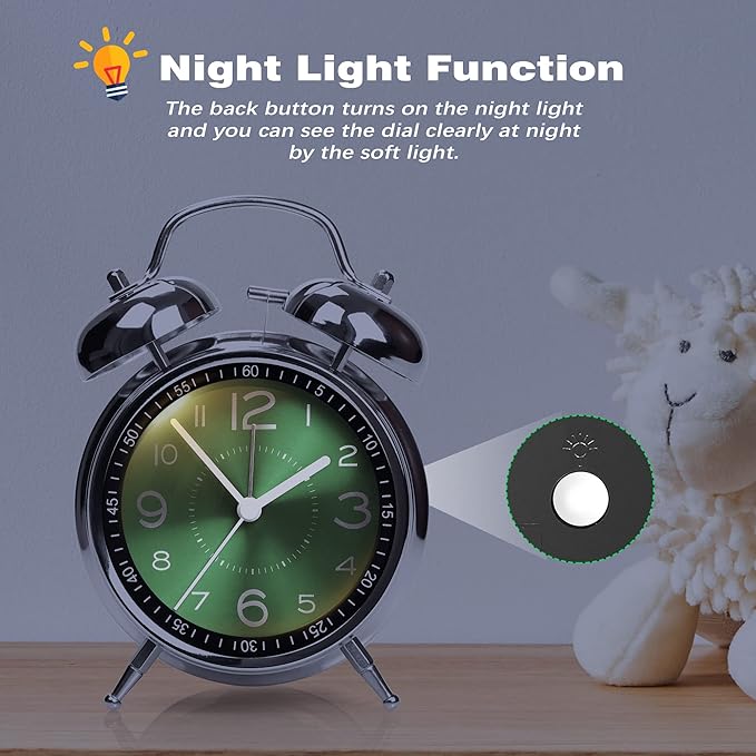 Super Loud Alarm Clock for Heavy Sleepers Adults,Twin Bell Retro 4 Inch Silent Non-Ticking Quartz with Backlight, Metal dial, Alarm Clocks for Bedrooms Bedside (Green)
