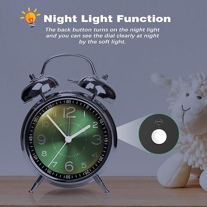 Super Loud Alarm Clock for Heavy Sleepers Adults,Twin Bell Retro 4 Inch Silent Non-Ticking Quartz with Backlight, Metal dial, Alarm Clocks for Bedrooms Bedside (Green)