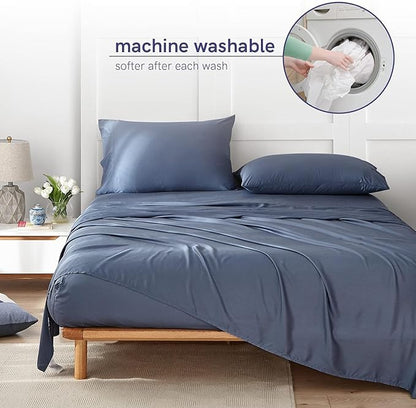 YnM Cooling Bed Sheet Set with 100 Percent Rayon Derived from Bamboo, 400TC Fabric with 2 Pillowcases and Flat Sheet, Deep Pocket Fit 19'', Silky-Soft & Sweat Wicking, 4 Piece (Queen, Blue Grey) …