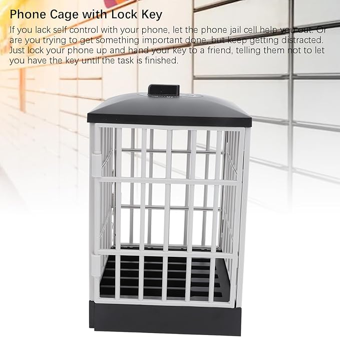 Cell Phone Jail Lock Box, Timer-Enabled Smartphone Storage Cage with Key Lock for 6 Phones, Black Grey Phone Stand Holder for Classroom Home Office to Limit Screen Time
