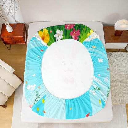 Happy Easter Bed Sheet Full Size Funny Rabbit Easter Egg Bedding Set Spring Flowers Cute Animal Fitted Sheet Kids Boys Girls Room Decor Blue Colorful Soft Sheets with 2 Pillowcase,No Top Flat