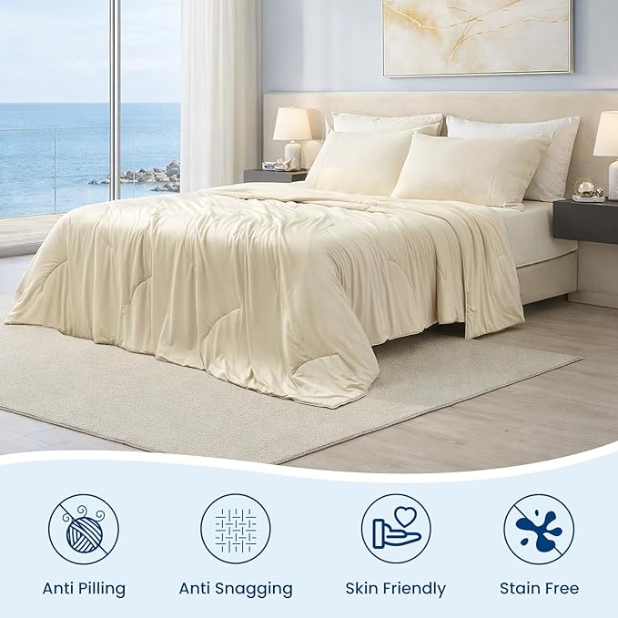 Cozy Bliss Deluxe Dual-Sided Cooling Comforter Queen Size, Ultra-Soft Lightweight Breathable Silky Cooling Blankets with Q-Max>0.45 for Bedroom, Hot Sleepers & Night Sweats, Khaki, 90"x90"