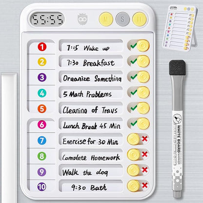 Chore Chart for Kids with Timer, ADHD Tools, Bedtime/Morning/Daily Routine Chart with 99-Min Countup/Down, Magnetic for Kids Checklist Schedule Board with Slider - White