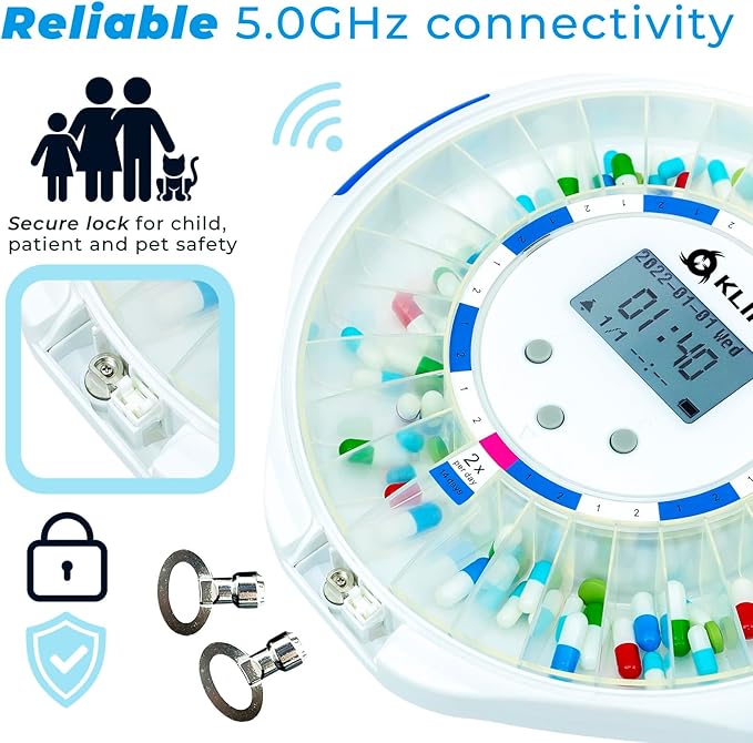 KLIM Smart Pill Dispenser with Alarm - WiFi Monitoring App - 28-Day Automatic Medicine Dispenser for Elderly & Alzheimer’s Care - Lock Key - New Version