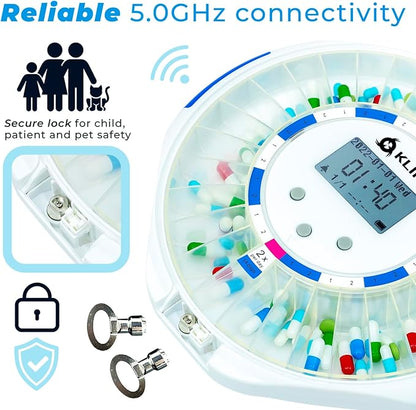 KLIM Smart Pill Dispenser with Alarm - WiFi Monitoring App - 28-Day Automatic Medicine Dispenser for Elderly & Alzheimer’s Care - Lock Key - New Version