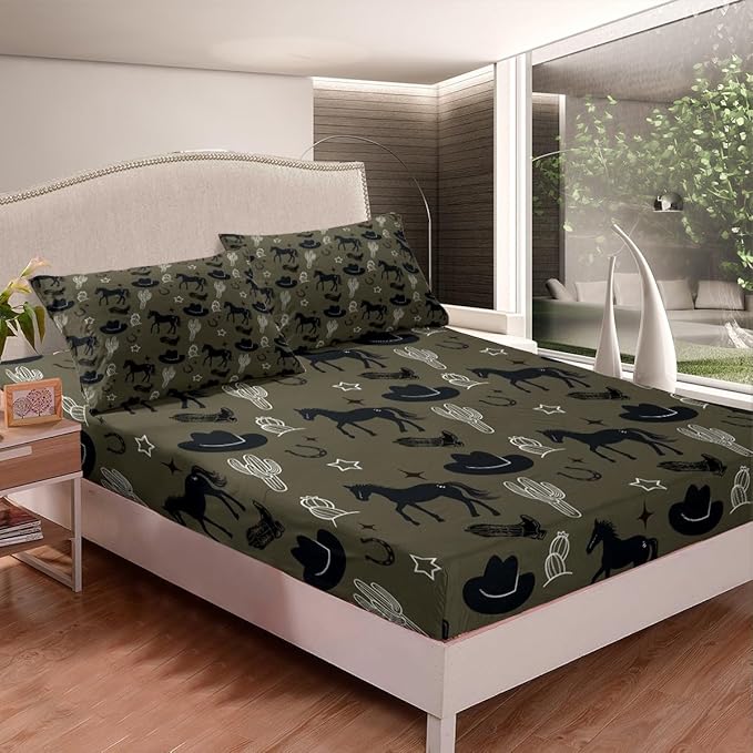 Western Cowboy Bed Cover(1 Fitted Sheet+1 Pillow Case),Retro Horseshoe Tribal Horse Boots Graffiti Bedding Set,Desert Cactus Rustic Famhouse Dark Green Bed Sheet Set,3Pcs Full Size