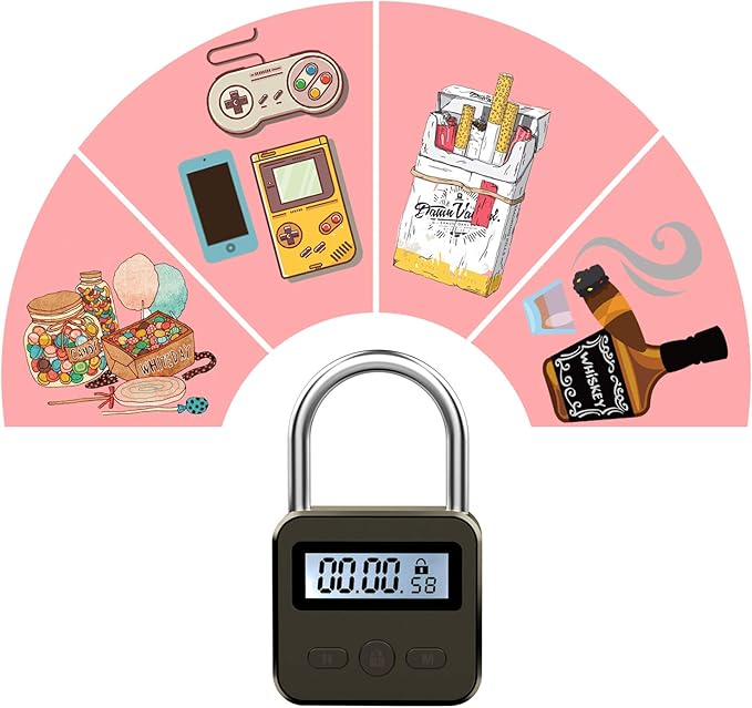 Metal Time Padlock - Multi-Function Timer Lock 99 Hours Max Timing with Electronic LCD Timed Display Micro USB Rechargeable Black