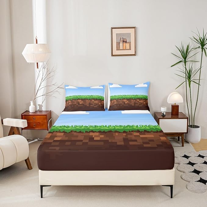 Pixel Game Kids Twin Size Fitted Sheet,Video Games Clouds Blue Sky Boys Girls Bed Sheets,Geometric Lattice Gamepad Room Decor,Blue Brown Bedding Set,1 Pillowcase(No Flat)