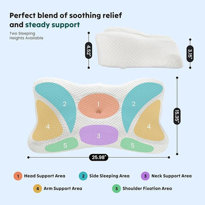 DUMOS Cervical Neck Pillow, Cooling Ergonomic Memory Foam Pillows for Neck Pain Relief with Breathable Pillowcase, Dual Height Orthopedic Support Contour Pillow for Side, Stomach Sleepers, White