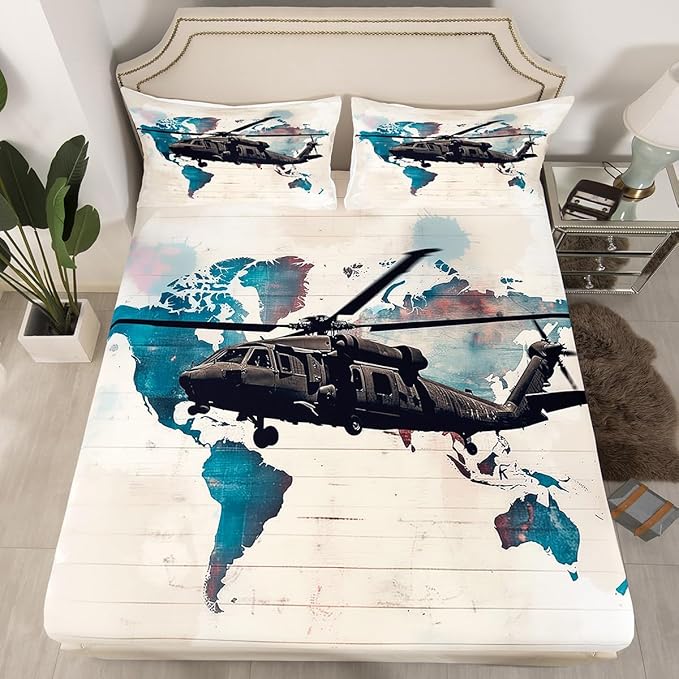 Helicopter Kids Fitted Sheet Queen Size,Tie-dye Graffiti Geometric Stripes Bedding Set,Boys Girls Room Decor,Airplane Aviation Aircraft Retro Bed Cover,Blue Beige Bed Sheet,2 Pillowcases(No Top Sheet)