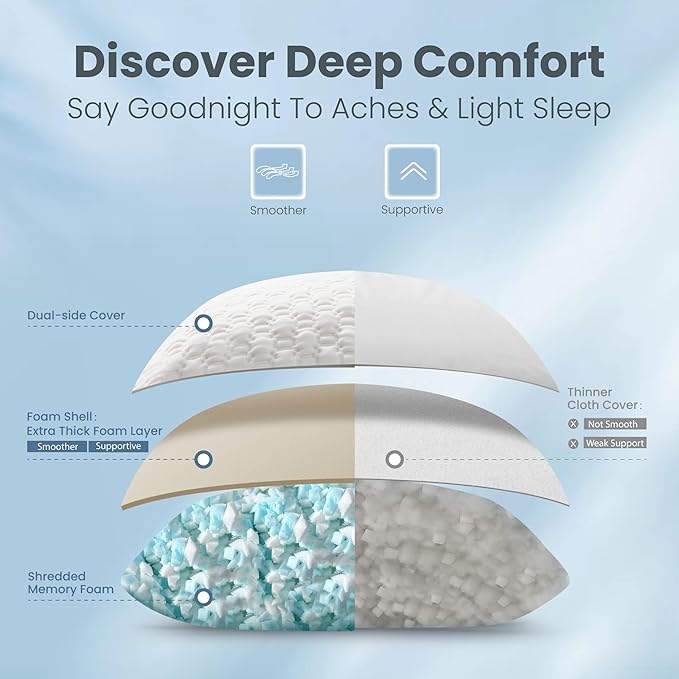 Sophia & William Side Sleeper Pillow Shredded Memory Foam Pillow for Neck and Shoulder Pain Relief Cooling Adjustable Pillows for Sleeping, Double-Sided Pillowcase, Queen Size