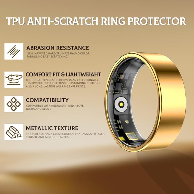 Smart Ring for Women & Men- Health Fitness Tracker with HRV/Sleep Monitoring/Step Counter/Calorie&Distance Tracking, 7-Day Battery，Remote Photo,Menstrual Cycle,Sport Smart Ring (Gold, #10)