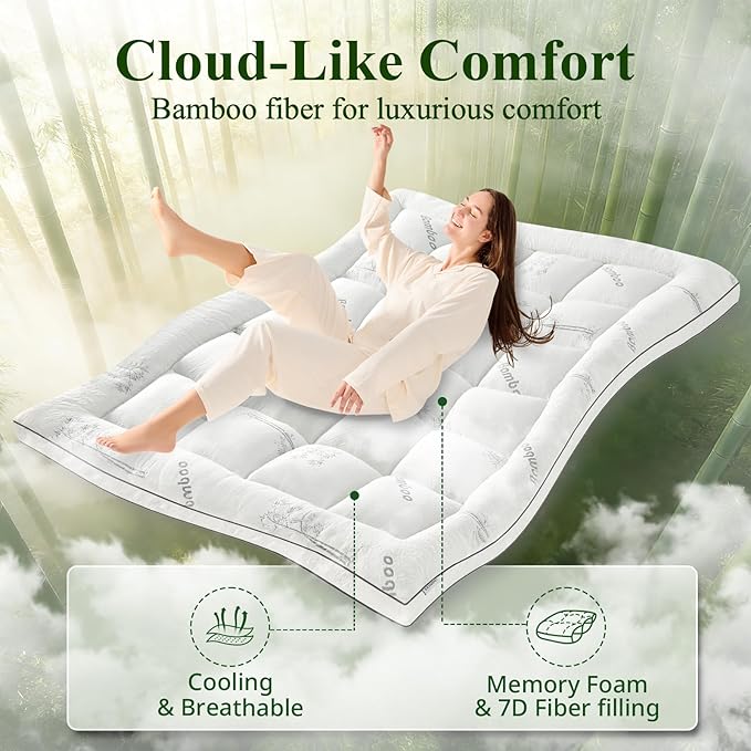 Memory Foam Mattress Topper - Viscose Made from Bamboo Pillow Top Thick Twin XL Size Mattress Pad for Back Pain, Ultra Soft & Cooling for Hot Sleepers, 6-18'' Deep Pocket, White