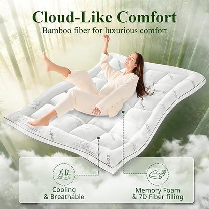 Memory Foam Mattress Topper - Viscose Made from Bamboo Pillow Top Thick Full Size Mattress Pad for Back Pain, Ultra Soft & Cooling for Hot Sleepers, 6-18'' Deep Pocket, White