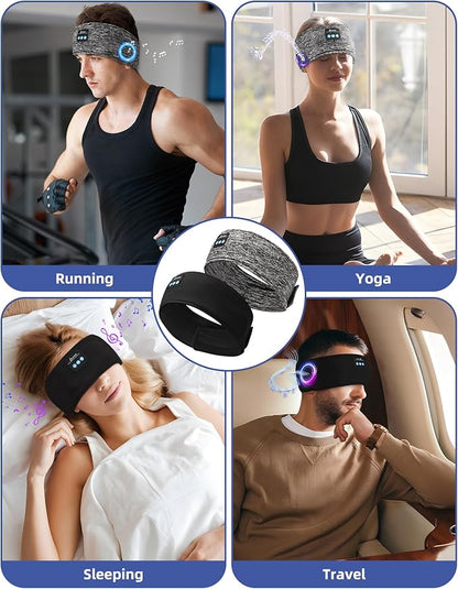 Adjustable Sleeping Headphones, 2-Pack Headband Headphones with Fastener, Bluetooth Headband with Thin Speakers Mic for Men Women, Yoga, Running, Workout, Travel - Black&Gray
