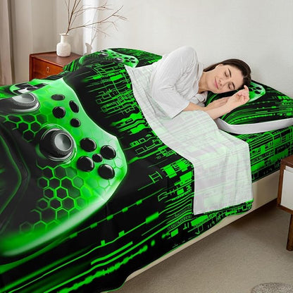 Manfei Gaming Gamepad Kids Sheet Full Size,3D Neon Lights Geometric Bedding Set,Boys Girls Room Decor,Modern Videogames Gamer Controller Green Fashion Bed Sheet Set 4pcs(Fitted + Flat + 2 Pillowcases)