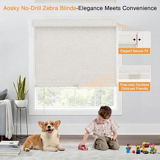 AOSKY No Drill Cordless Blackout Roller Shades with Valance,Customize Blinds for Indoor Windows,Room Darkening Window Shades Pull Down with Free-Stop Spring System, UV Protection for Home Linen Cream